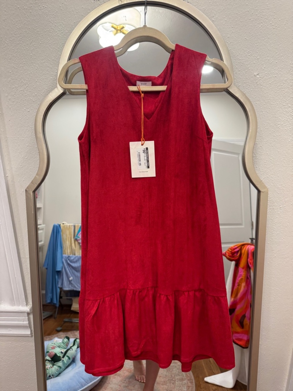 VOY Red Suede Sleeveless V-Neck Mini Dress with Ruffle Hem
